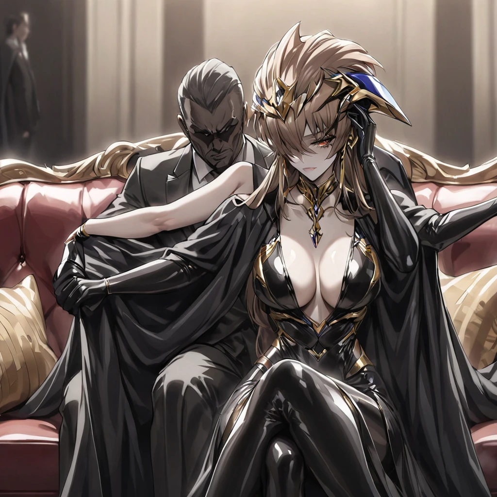 ((Highest quality)), ((masterpiece)), (detailed), （Perfect Face）、The woman is Princess Leona, with medium-long light brown hair, wearing a shiny, flashy, ????, revealing black dress ????????, an open-front skirt, a cape, a headgear, lipstick and makeup, and is an evil female executive who is standing next to a man who is the dignified boss of an evil organization.、Women are brainwashed, expressionless, and have no highlights in their eyes.、The woman is being held close by the powerful boss of an evil organization.、A strong male boss of an evil organization is sitting on a luxurious sofa, embracing and kissing a woman and showing her affection.