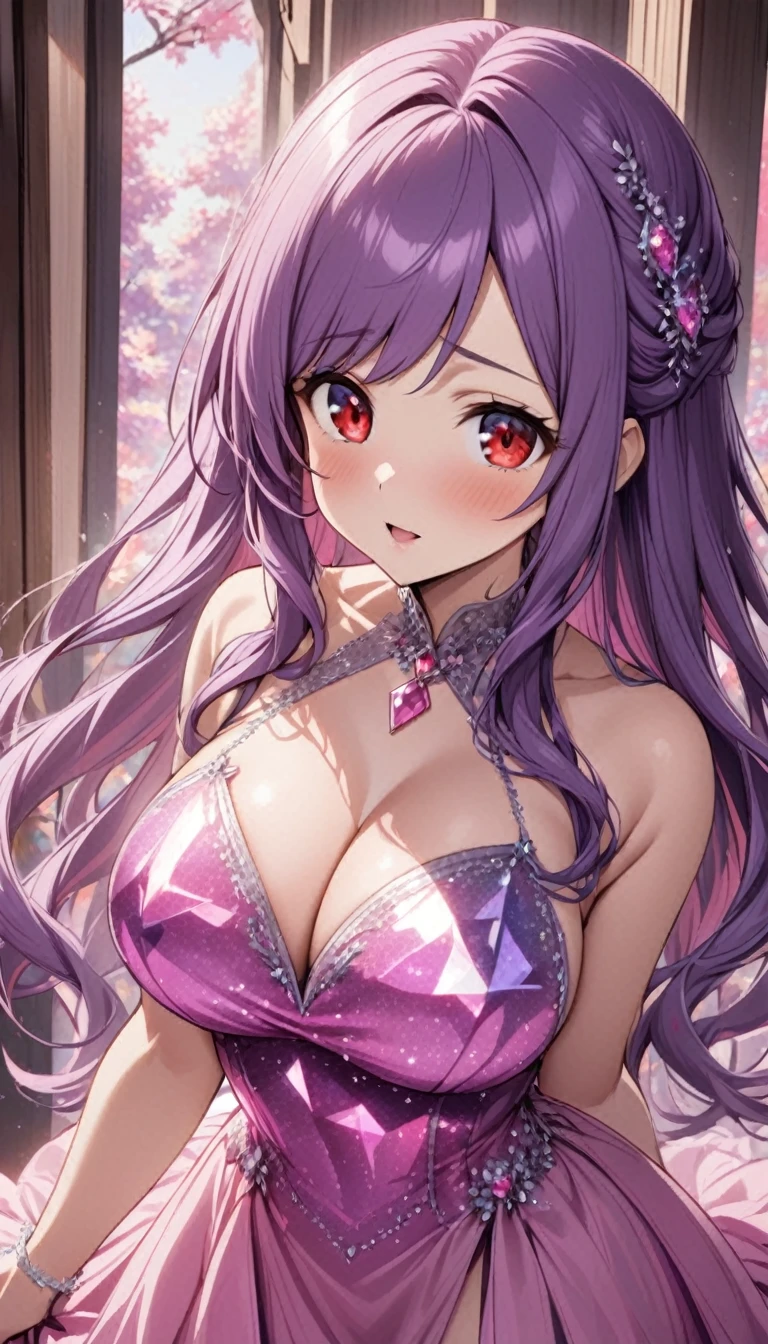 1female,purple hair,long hair,swept bangs,red eyes,tareme,large breasts,pink sapphire crystalline dress