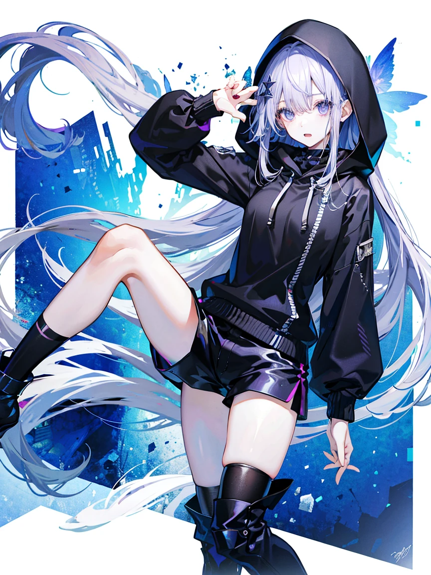 (Fine and beautiful eyes)、long hair,Long, blue-gray hair,Two moles under the eyes,Beautiful purple eyes,Detailed eyes,Detailed face,Large breasts,Black Hoodie、Thin legs,Long black boots、High resolution eyes、Jewel-like eyes、Straight Hair、Minimally revealing clothing、Short, oversized black shorts、Extreme Detail、High resolution、Shining Eyes