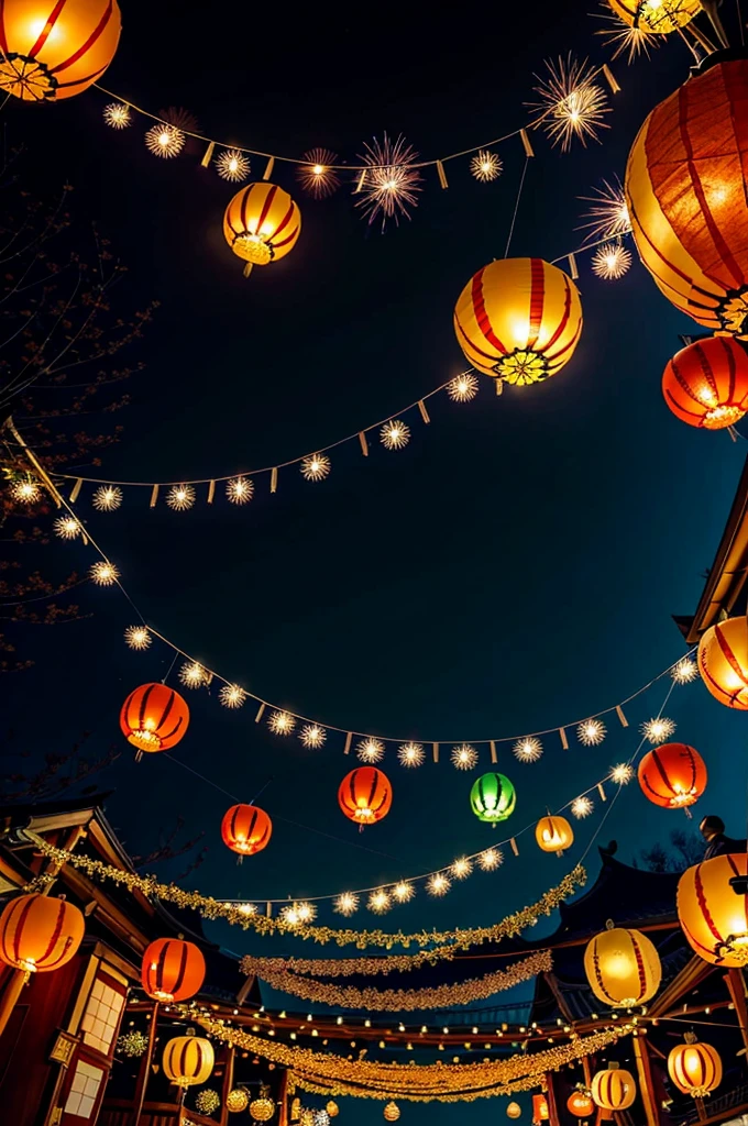 At the Christmas event venue、Japanese festival lanterns and Halloween pumpkins hang from above。The venue was decorated with fireworks and colorful decorations.、There is a lively atmosphere in the air。In manga style、Please draw this Christmas event.。
