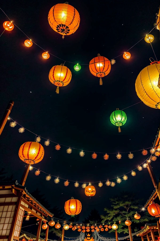 At the Christmas event venue、Japanese festival lanterns and Halloween pumpkins hang from above。The venue was decorated with fireworks and colorful decorations.、There is a lively atmosphere in the air。In manga style、Please draw this Christmas event.。