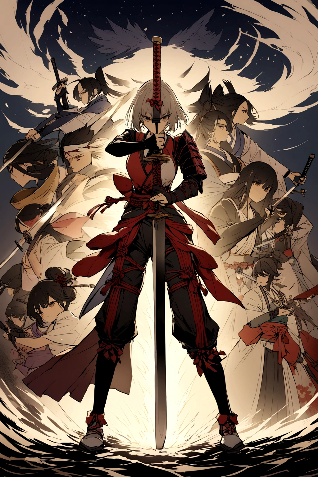A style that combines traditional Japanese beauty with modern sensibilities.、A powerful and fantastical image。Fearless revolution and anti-war nation、Themes such as Samurai Warriors for Boys and Girls、starの光が描く歴史の物語。Elements of Sum、Boys and girls in Japanese combat uniforms in front、Holding a sword、たくさんのstar々and its shadow,night、star々、流star、Pose of fighting with a sword