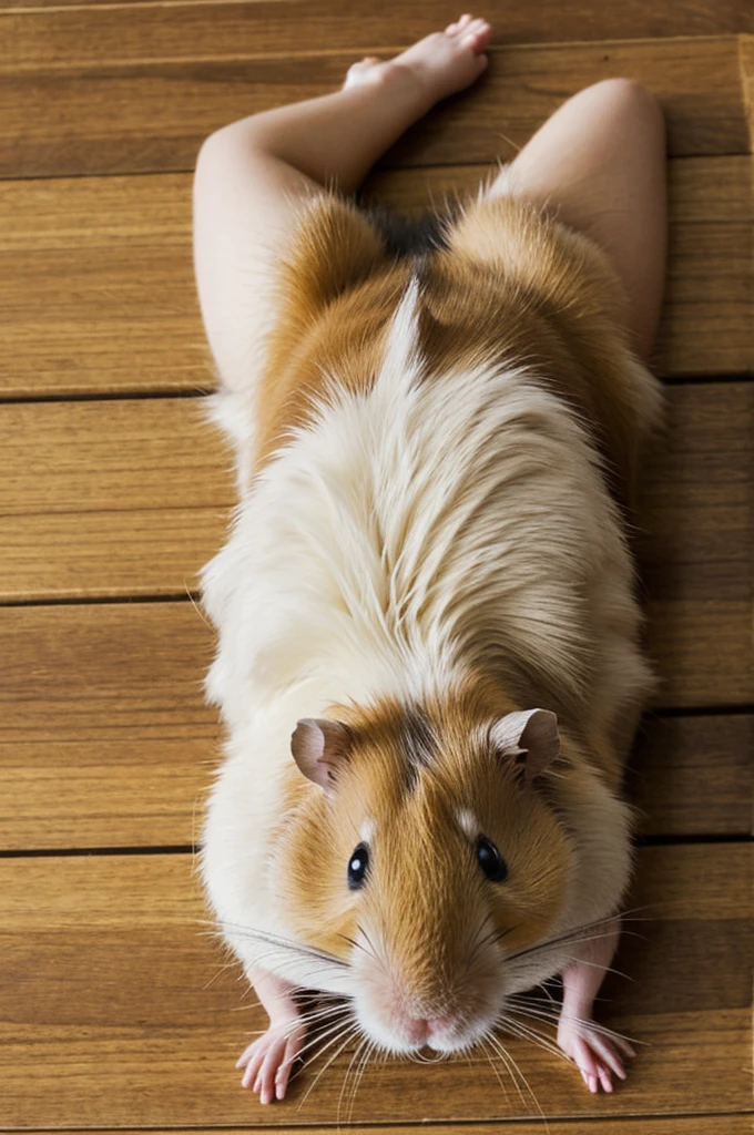 The hamster lies on its back, exhausted.