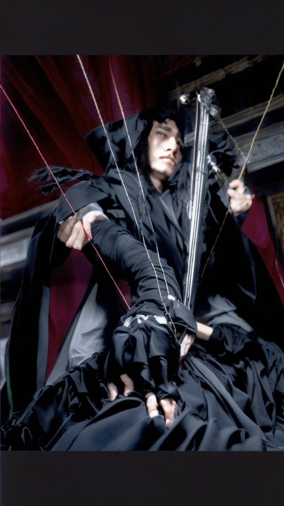 A man in his twenties wearing black clothes pulling five white strings, Kiri from reproach!, takato yomamoto. 8K , Renji Murata and Artgerm, Great composition, ikuto yamashita, Masayoshi Sudo and Artgelm, Also, takato yomamoto, Pull the string with your index finger、high resolution、Real Image
