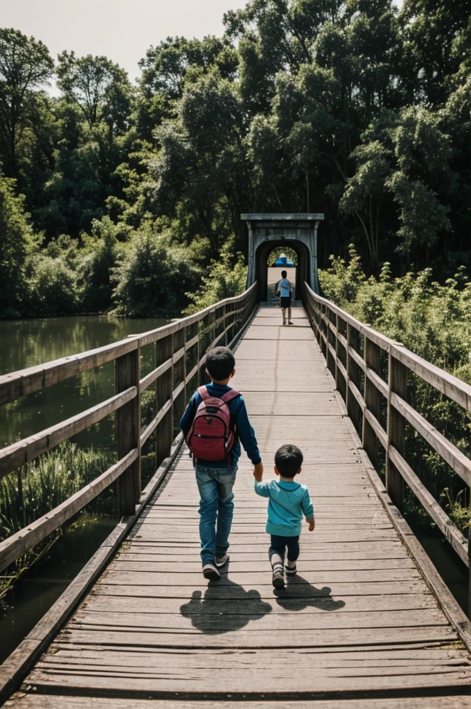 A little ??? with his mother crossing the bridge 