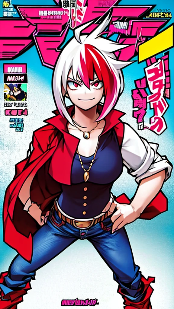 female , mystic knight, delightful, glad, grinning, semi long, ahoge, bob cut, ahoge, flipped hair, diagonal bangs, blunt bangs, white hair, gradient hair, red hair, multicolored hair, red eyes, gradient eyes, eyes open, wide-eyed, big eyes, fair skin, short, leggy, jeans, jacket, choker, boots, necklace, cute face, young adult, cel anime, manga, slim, standing, front view, looking at viewer, vest, white background, hands on hips