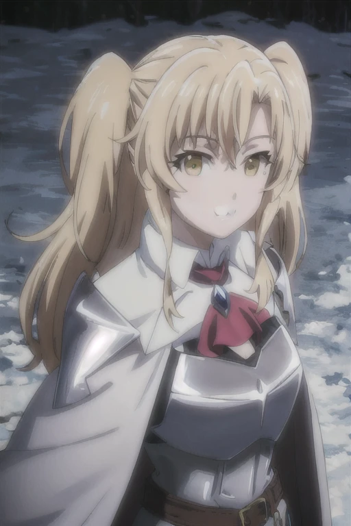 GoblinSlayer, NobleFencer, solo, girl1, looking at viewer, smile, brown eyes, cape, armor, shoulder armor, portrait, red ascot, snow, outdoor