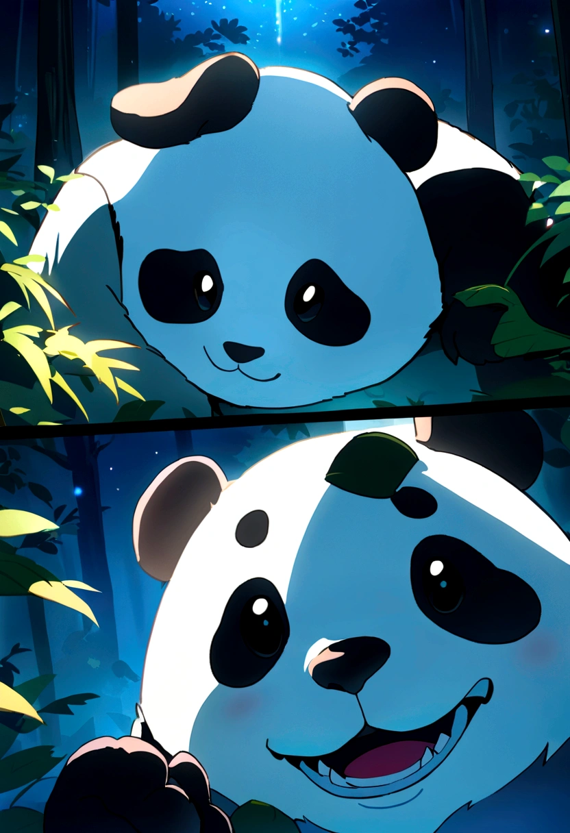 masterpiece, Highest quality, Movie stills, 1 panda, Bright and bright close-up, Cheerfulness, Soft lighting and warmth, night, Panda looking up at the sky in the forest