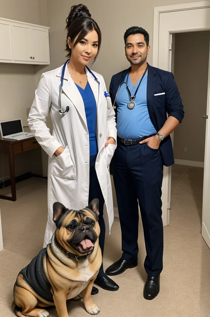 A rich lady standing with her fat dog and a male doctor is standing behind with a stethoscope