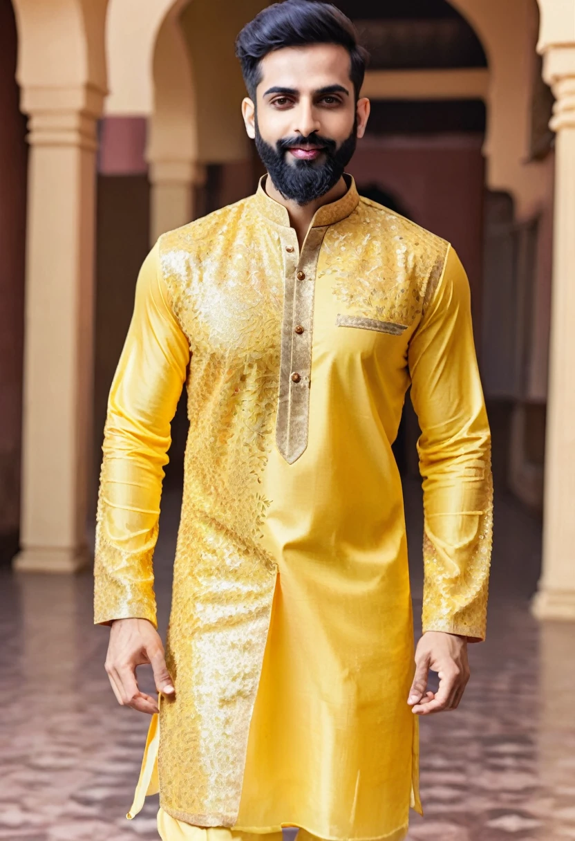 Yellow sequin kurta pajama for men .wedding kurta for haldi function ,ultra realistic ,dancing mood