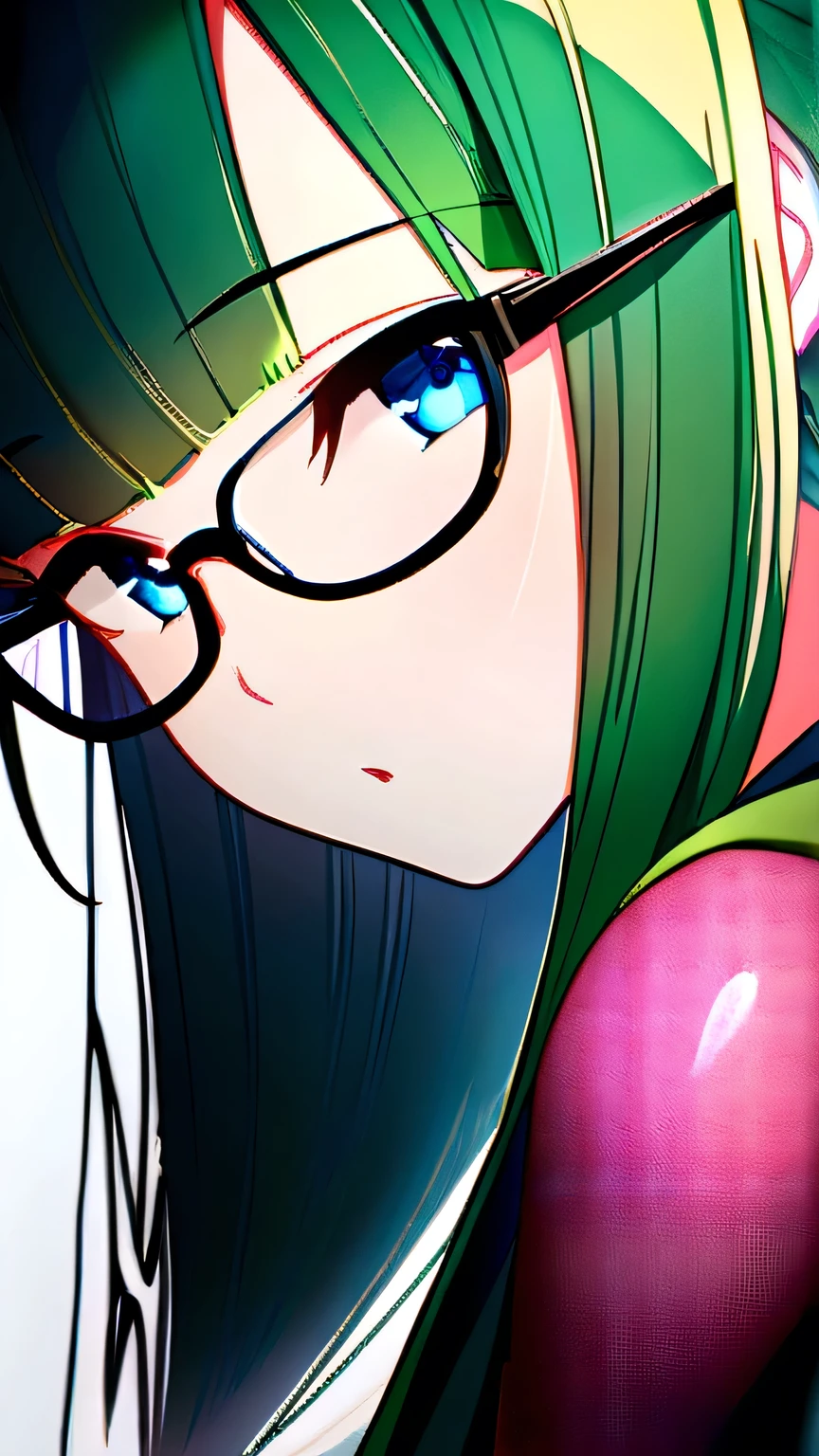 masterpiece, best quality, 8k,masterpiece, (masterpiece, best quality, high resolution), Color paint background((acrylic paint, (splash of color, splash ink, splash of color)) , Detailed skin texture, Detailed fabric texture, beautifull detailed face, intricate details, Super detailed, Portrait of Rei Ayanami, green hair, blue eyes, wear glasses(focus),head tilt,super huge