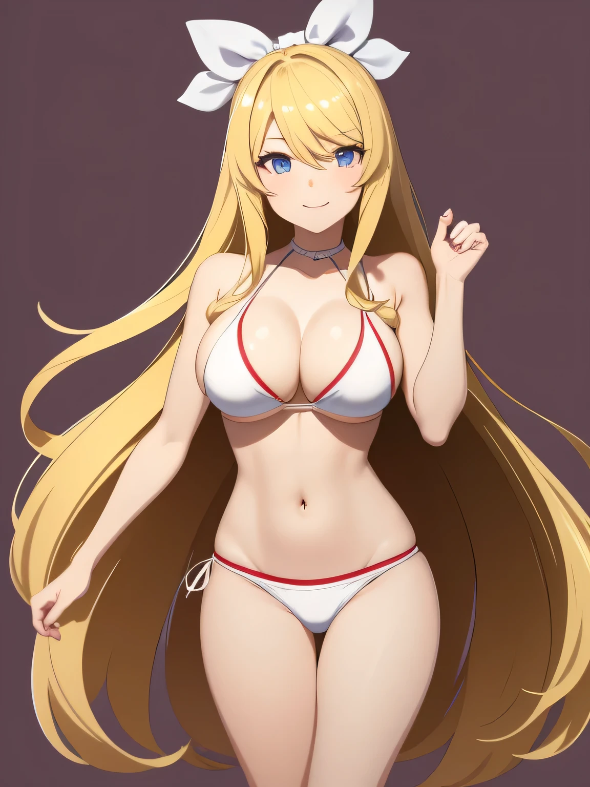 A gravure idol posing for a photoshoot, wearing a white bikini. The idol has a cheerful and confident expression, with her long blonde hair flowing in the wind. The image is in real style, capturing the beauty and charm of the gravure idol with vibrant colors and exaggerated features typical of anime art.background is a simple.