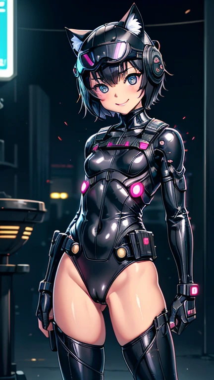 (8k),(masterpiece),(Japanese),(),((innocent look)),((Childish)),From the front,smile,cute,Innocent,Kind eyes,Flat chest,Hairless vagina, Cameltoe, Catwoman Costume, Black Goggle, Black Helmet,Short,Hair Covered inside helmet,Black Hair,Strong wind,night,dark, Neon light cyberpunk city