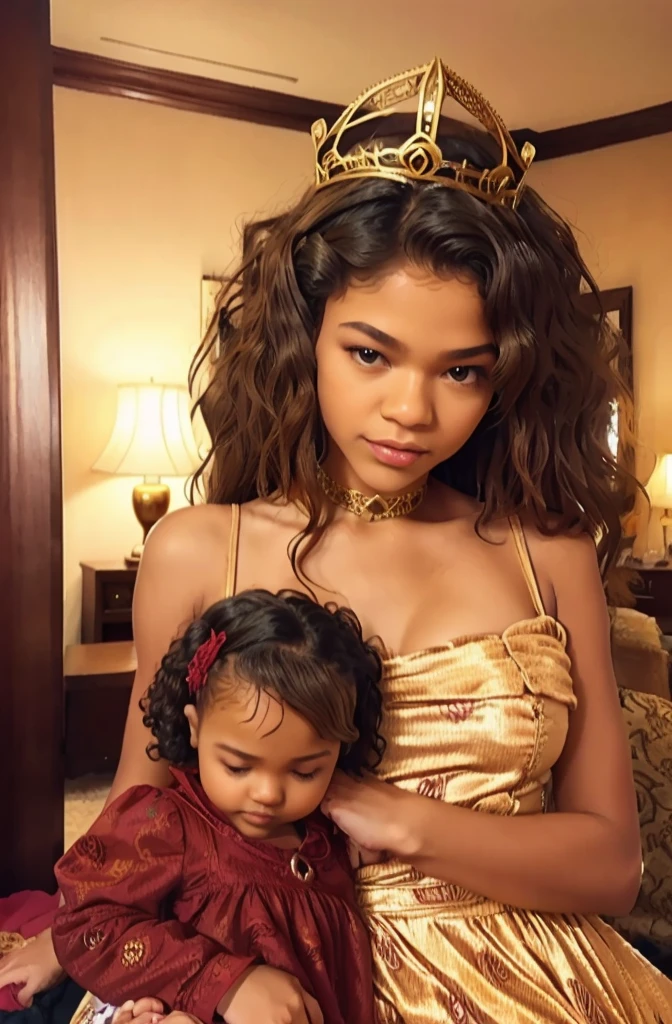 black queen with daughter, queen like Zendaya, zendaya adulte with daughter, curly hair, African queen with long curly hair, daughter has blond curly hair, cute hairstyle, luxury dress, queen crowned, princess crowned