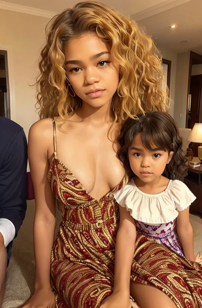 black queen with daughter, queen like Zendaya, zendaya adulte with daughter, curly hair, African queen with long curly hair, daughter has blond curly hair, cute hairstyle, luxury dress, queen crowned, princess crowned