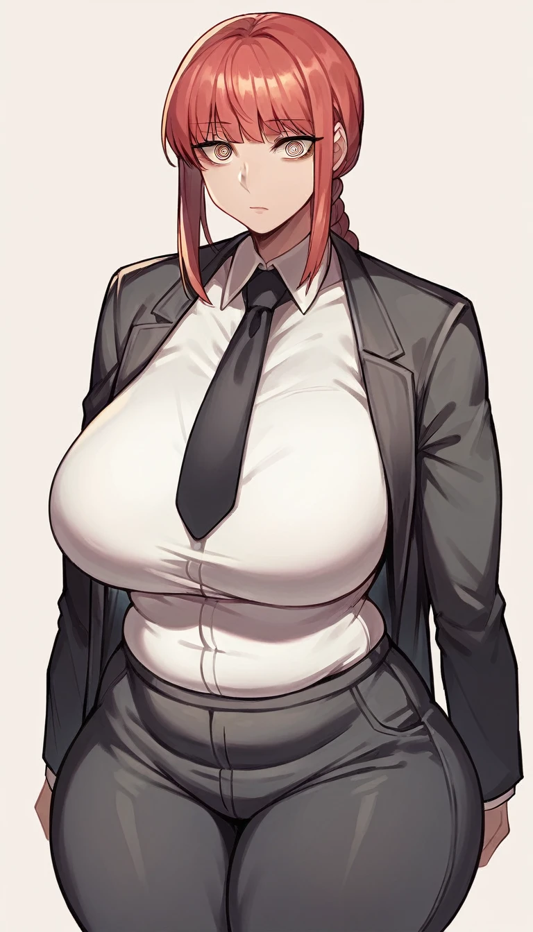 makima, braided ponytail, ringed eyes, formal, black jacket, white shirt, black necktie, black pants, mature female, milf, motherly, wide hips thick thighs, large breasts, chubby, big round breasts