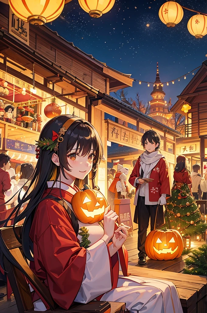 At the Christmas event venue、Japanese festival lanterns and Halloween pumpkins hang from above。The venue was decorated with fireworks and colorful decorations.、There is a lively atmosphere in the air。In manga style、Please draw this Christmas event.。
