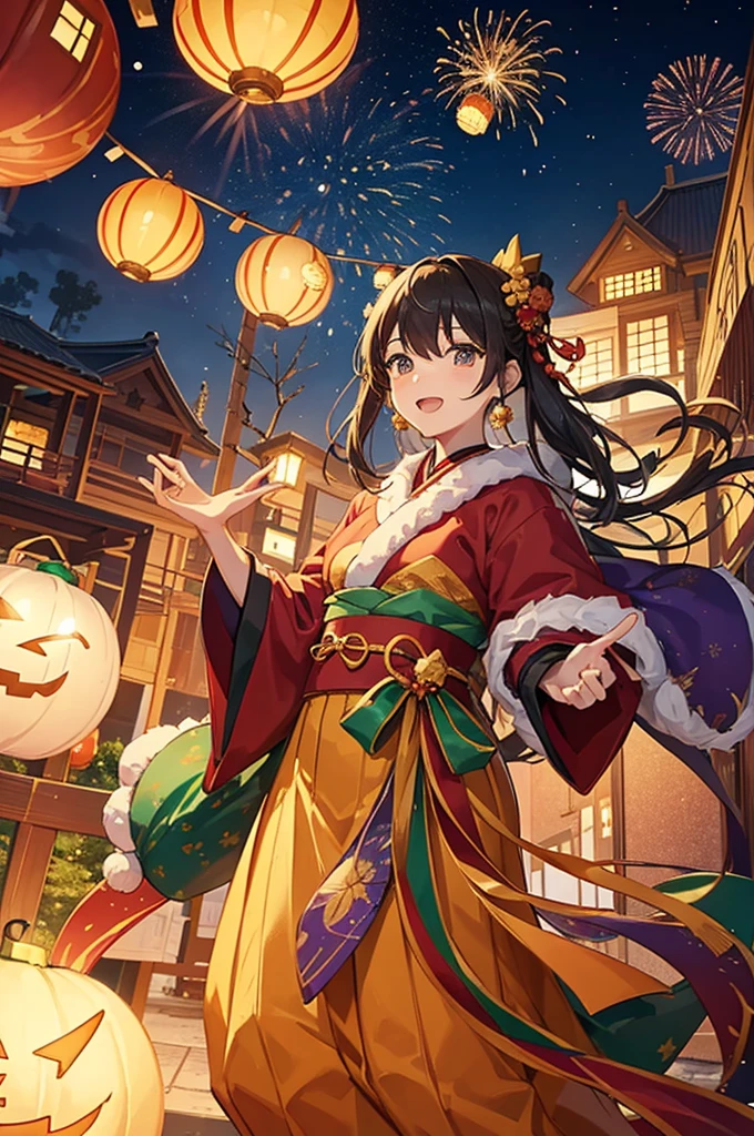 At the Christmas event venue、Japanese festival lanterns and Halloween pumpkins hang from above。The venue was decorated with fireworks and colorful decorations.、There is a lively atmosphere in the air。In manga style、Please draw this Christmas event.。