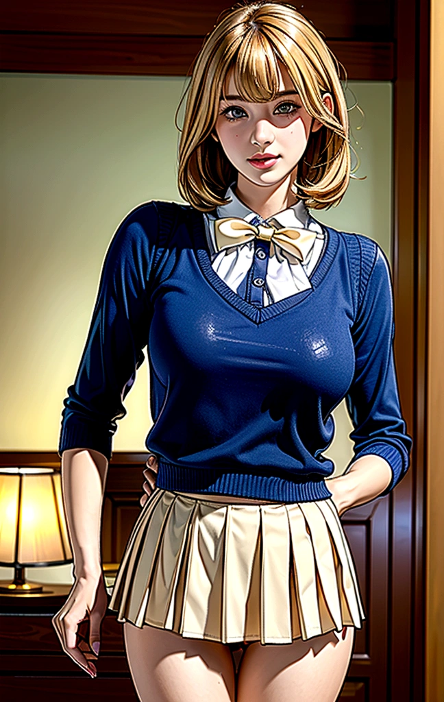 (masterpiece:1.2, highest quality), (realistic, photorealistic:1.4), beautiful illustrations, (natural side lighting, movie lighting), Depth of written boundary, 
looking at the viewer, Front view, 1 girl, English, high school girl, 20 years old, perfect face, Cute symmetrical face, shiny skin, open legs,
(bob hair:1.7,blonde), asymmetrical bangs, Big eyes, droopy eyes, long eyelashes chest), thin, 
beautiful hair, beautiful face, fine and beautiful eyes, beautiful clavicle, beautiful body, beautiful breasts, beautiful thighs, beautiful feet, beautiful fingers, 
((fine fabric texture, brown knit vest, short sleeve white collar shirt, navy pleated skirt, Navy bow tie)), 
(beautiful scenery), evening, (Inside the flower shop), Are standing, (smile, Upper grade, open your mouth),  (((skirt lift, no panties, genitals visible))), full body shot, dark blue socks, sexy face, inverted nipples,