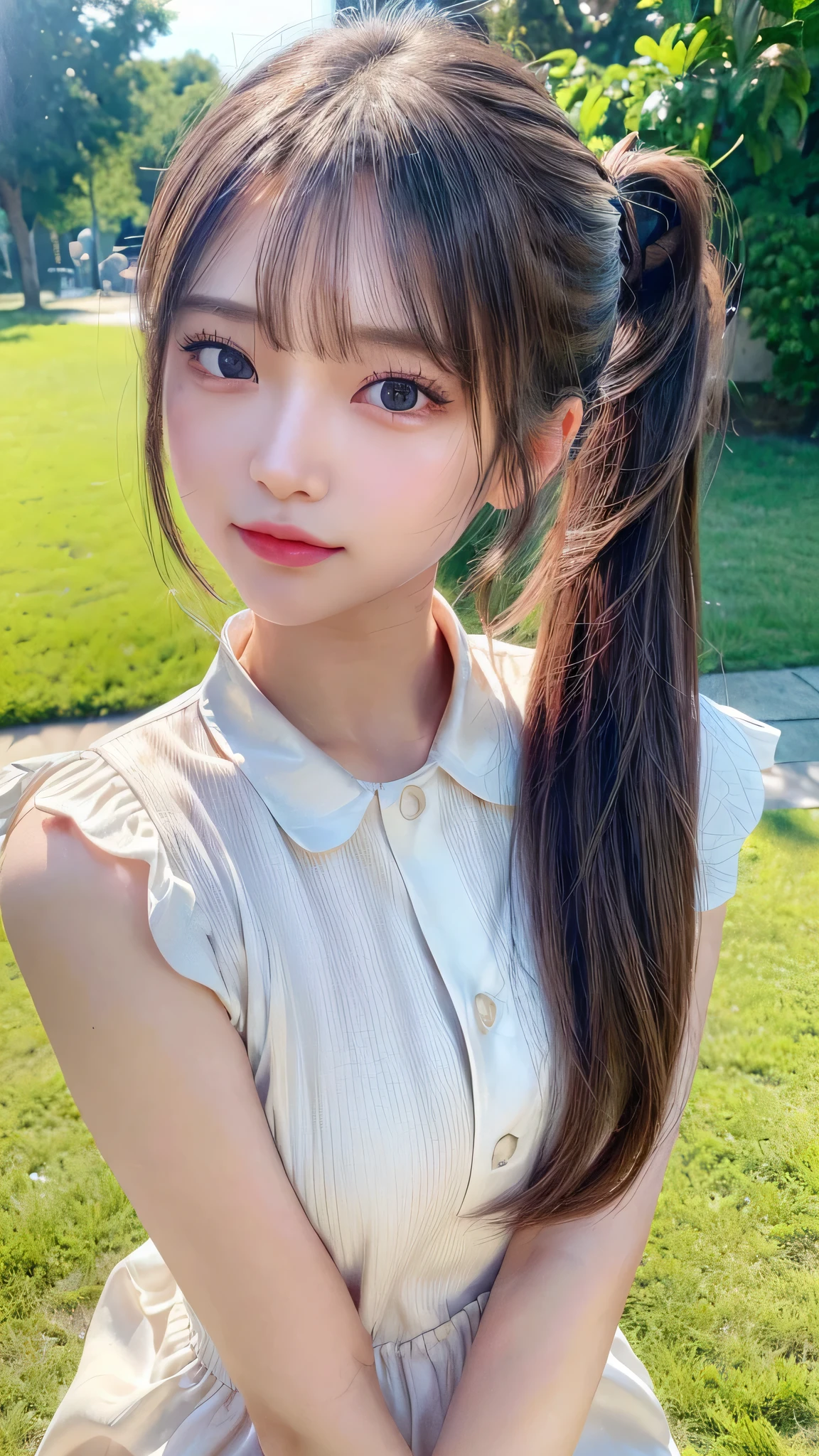 One piece with collar,outdoors,Urban Park,On the lawn,Ultra-detailed, finely detail, hight resolution, 8K Wallpaper, Perfect dynamic composition, Beautiful detailed eyes,Outdoor,Close-up of face,Outdoor,Blushing,Facing forward,,Long hair ponytail,((8k, Raw photo, Best Quality, Mastepiece:1.2), (Realism, Photorealistic:1.4), (Highly detailed 8K wallpapers), Depth of written boundary, Cinematic Lighting, Soft Light, Detailed Beauty Eye,Shiny and smooth light brown ponytail, Asymmetrical bangs, Shiny skin, Ultra-detailed skins ,It is high resolution., High detail, Detailed hairstyle, Detailed facial beauty, Hyper-realistic, Perfect limbs, Perfect ??????? ,1 Japanese girl,Famous Japanese Idols, Perfect female body,A shy smile,Short eyelashes,Double-edged eyelids,Look straight here,Hair style: ponytail,