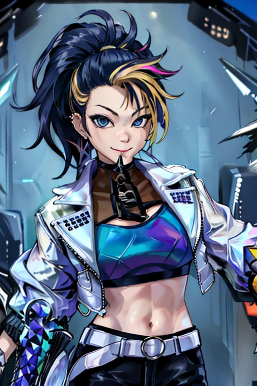 masterpiece, best quality, highres, akali, 1girl, k/da \(league of legends\), solo,  (black hair:1.1), blonde hair, (multicolored hair:1.1), jewelry, fingerless gloves, cropped jacket, midriff, earrings, two-tone hair, open jacket, black gloves, black pants, crop top, blue eyes, belt buckle, ponytail, cowboy shot, evil smile,mouth open,tongue out,spit