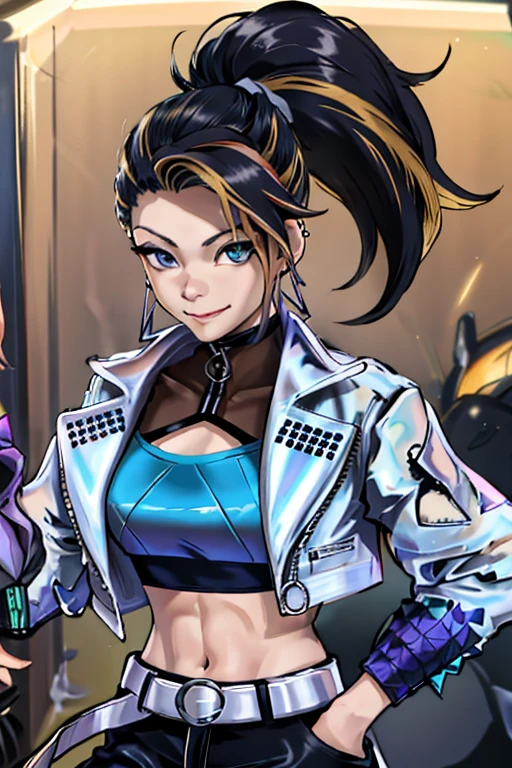 masterpiece, best quality, highres, akali, 1girl, k/da \(league of legends\), solo,  (black hair:1.1), blonde hair, (multicolored hair:1.1), jewelry, fingerless gloves, cropped jacket, midriff, earrings, two-tone hair, open jacket, black gloves, black pants, crop top, blue eyes, belt buckle, ponytail, cowboy shot, evil smile,mouth open,tongue out,spit