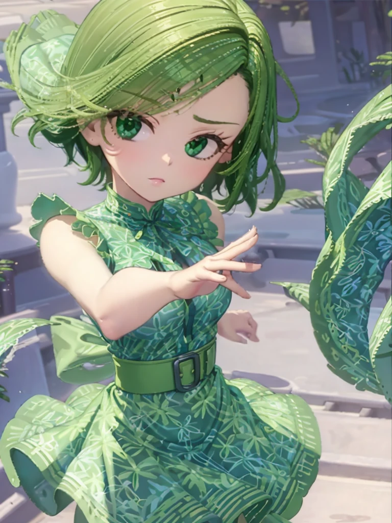 1girl, solo, beautiful girl, green skin, green eyes, big eyes, long eyelashes, green hair, short hair, shiny hair, medium breasts, green dress, apron dress, floral print dress, green belt, purple scarf, green leggins, looking at viewer, bare arms, disgust face, narrow waist, big butt, covered nipples, violet lips, lip gloss, 