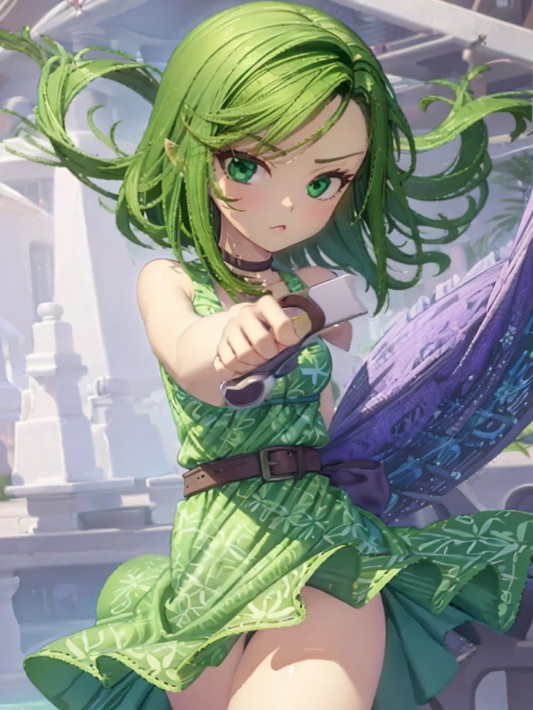 1girl, solo, beautiful girl, green skin, green eyes, big eyes, long eyelashes, green hair, short hair, shiny hair, medium breasts, green dress, apron dress, floral print dress, green belt, purple scarf, green leggins, looking at viewer, bare arms, disgust face, narrow waist, big butt, covered nipples, violet lips, lip gloss, 