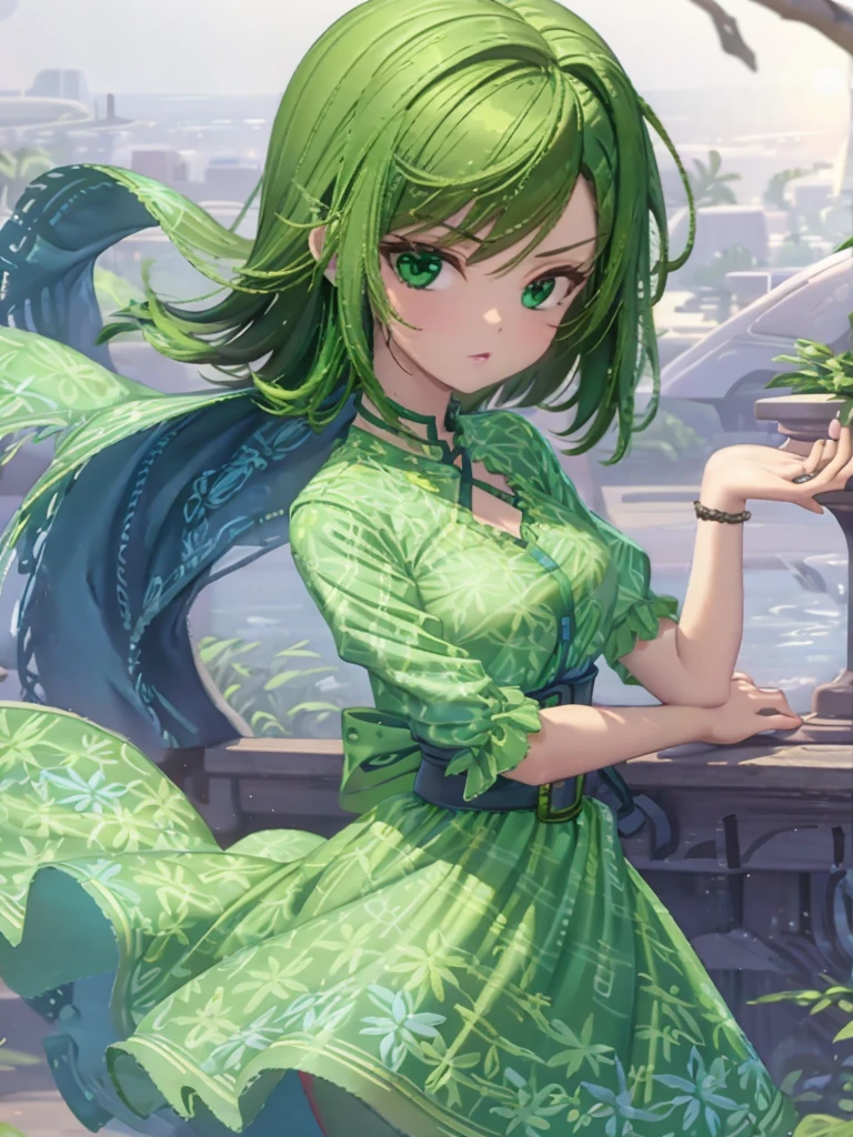 1girl, solo, beautiful girl, green skin, green eyes, big eyes, long eyelashes, green hair, short hair, shiny hair, medium breasts, green dress, apron dress, floral print dress, green belt, purple scarf, green leggins, looking at viewer, bare arms, disgust face, narrow waist, big butt, covered nipples, violet lips, lip gloss, 