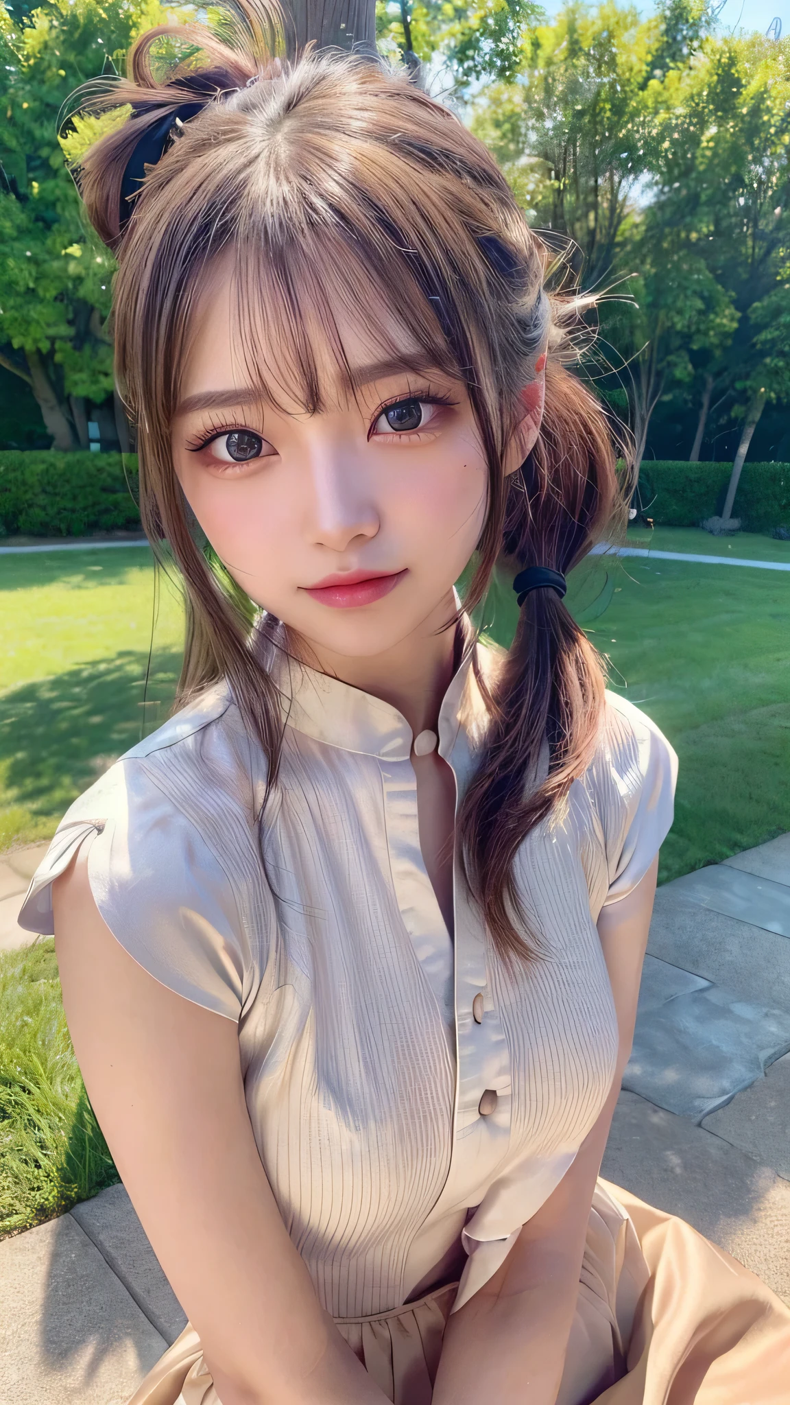 One piece with collar,outdoors,Urban Park,On the lawn,Ultra-detailed, finely detail, hight resolution, 8K Wallpaper, Perfect dynamic composition, Beautiful detailed eyes,Outdoor,Close-up of face,Outdoor,Blushing,Facing forward,,Long hair ponytail,((8k, Raw photo, Best Quality, Mastepiece:1.2), (Realism, Photorealistic:1.4), (Highly detailed 8K wallpapers), Depth of written boundary, Cinematic Lighting, Soft Light, Detailed Beauty Eye,Shiny and smooth light brown ponytail, Asymmetrical bangs, Shiny skin, Ultra-detailed skins ,It is high resolution., High detail, Detailed hairstyle, Detailed facial beauty, Hyper-realistic, Perfect limbs, Perfect Anatomy ,1 Japanese girl,Famous Japanese Idols, Perfect female body,A shy smile,Short eyelashes,Double-edged eyelids,Look straight here,Hair style: ponytail,