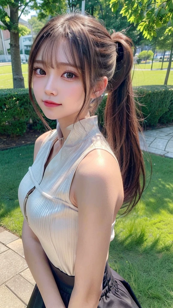 One piece with collar,outdoors,Urban Park,On the lawn,Ultra-detailed, finely detail, hight resolution, 8K Wallpaper, Perfect dynamic composition, Beautiful detailed eyes,Outdoor,Close-up of face,Outdoor,Blushing,Facing forward,,Long hair ponytail,((8k, Raw photo, Best Quality, Mastepiece:1.2), (Realism, Photorealistic:1.4), (Highly detailed 8K wallpapers), Depth of written boundary, Cinematic Lighting, Soft Light, Detailed Beauty Eye,Shiny and smooth light brown ponytail, Asymmetrical bangs, Shiny skin, Ultra-detailed skins ,It is high resolution., High detail, Detailed hairstyle, Detailed facial beauty, Hyper-realistic, Perfect limbs, Perfect Anatomy ,1 Japanese girl,Famous Japanese Idols, Perfect female body,A shy smile,Short eyelashes,Double-edged eyelids,Look straight here,Hair style: ponytail,