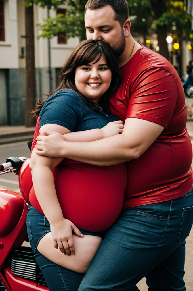 a fat woman hugging a thin man by the side of a red motorbike