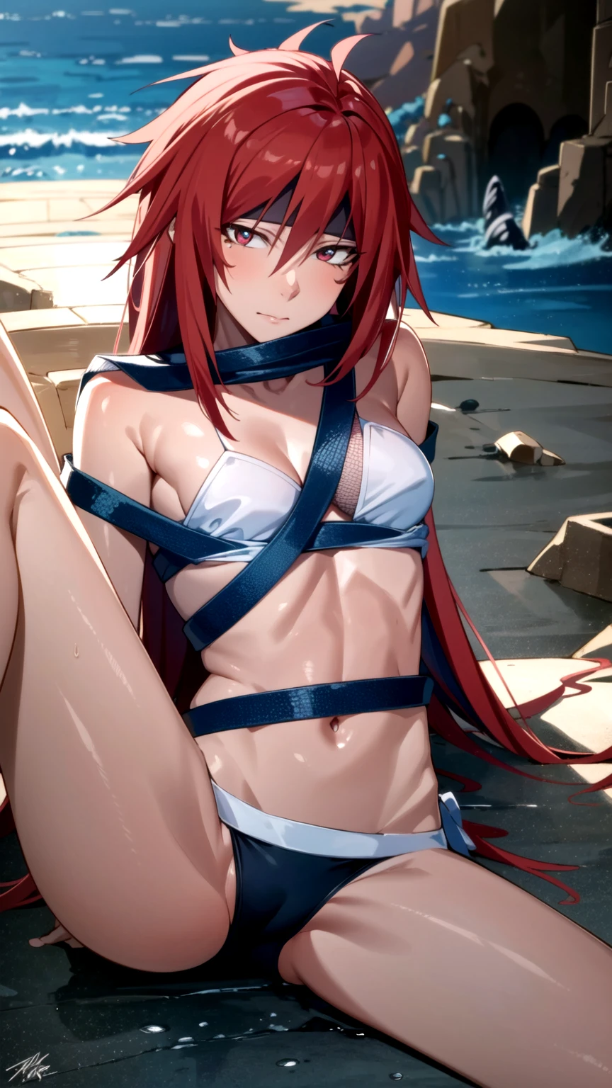 Masterpiece, best quality, very detailed, Ultra high resolution, (photorealistic:1.4), raw photos, (realistic:0.2), 1 girl, alone, long hair,,8k hdr, 1 girl,red hair, shy , medium-large breast, bright eyes, , medium-small breasts,,(Mesh series) ,Spread your legs, Dragon Cave ,Blue slime, bound up