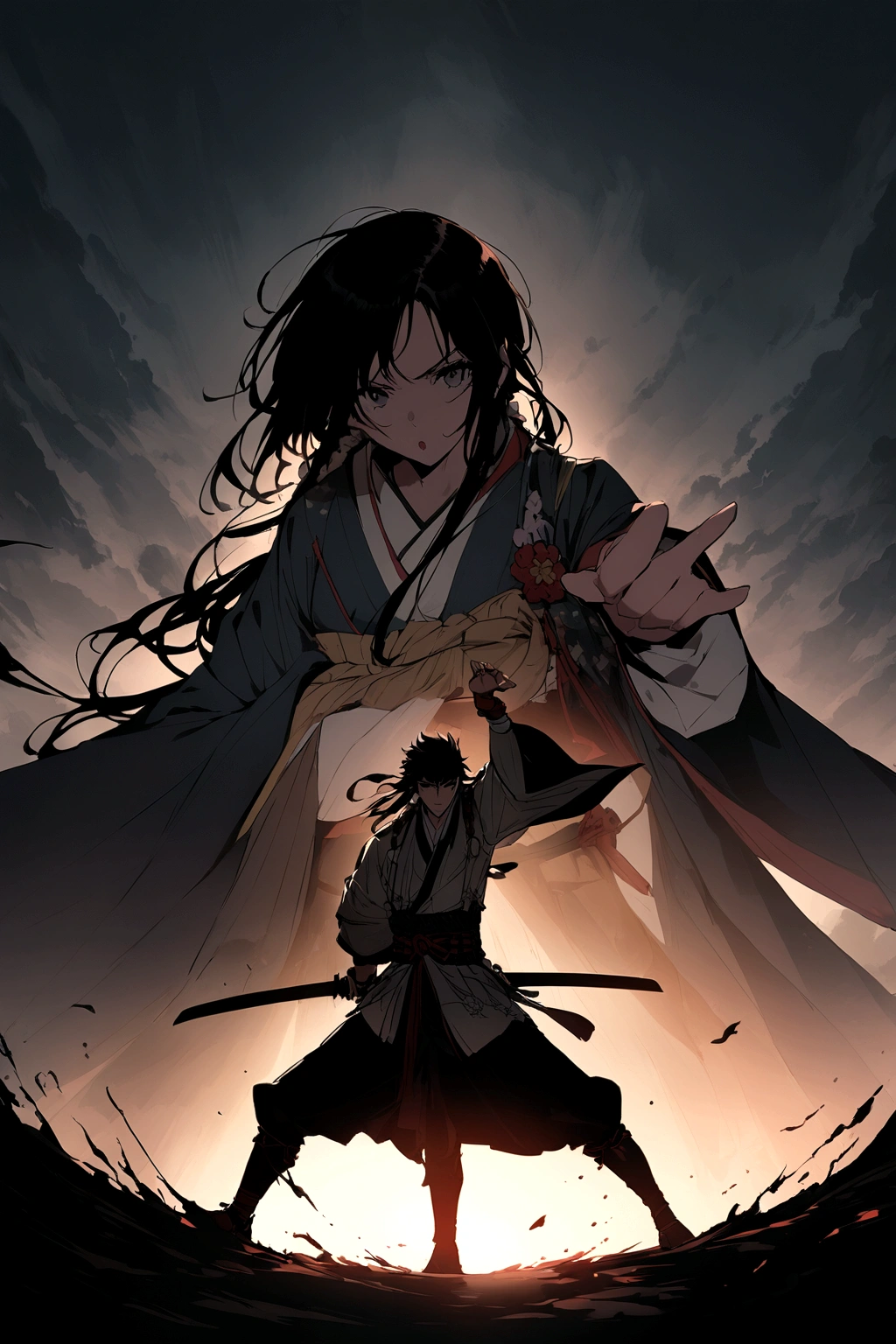 A style that combines traditional Japanese beauty with modern sensibilities.、A powerful and fantastical image。Fearless revolution and anti-war nation、Themes such as Samurai Warriors for Boys and Girls、starの光が描く歴史の物語。Elements of Sum、Boys and girls in Japanese combat uniforms in front、Holding a Japanese sword、たくさんのstar々and its shadow,night、star々、流star、Pose of fighting with a Japan sword