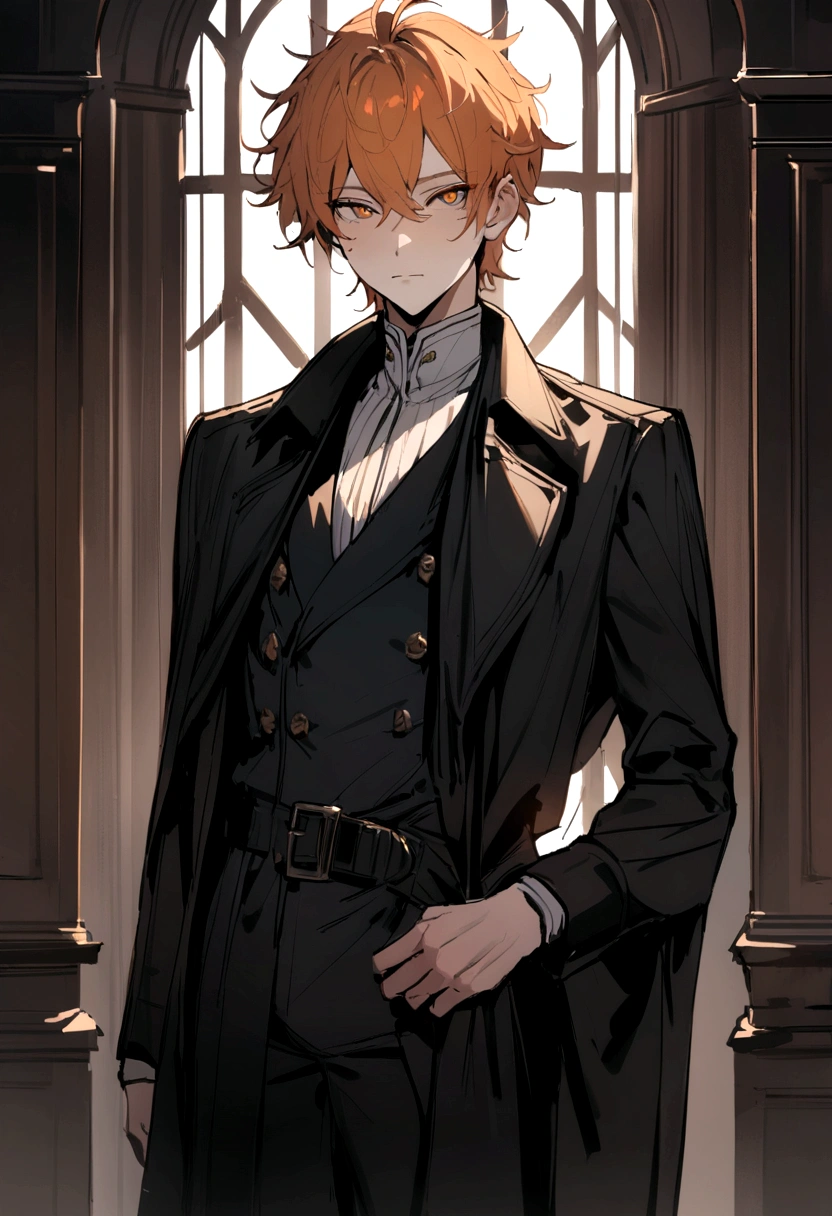 Best Quality,Masterpiece,detailed, boy with orange hair, short hair, orange white eyes, elegant black trench coat, Black pants, messy hair, ojos extremadamente detaileds ,Alone , good body
