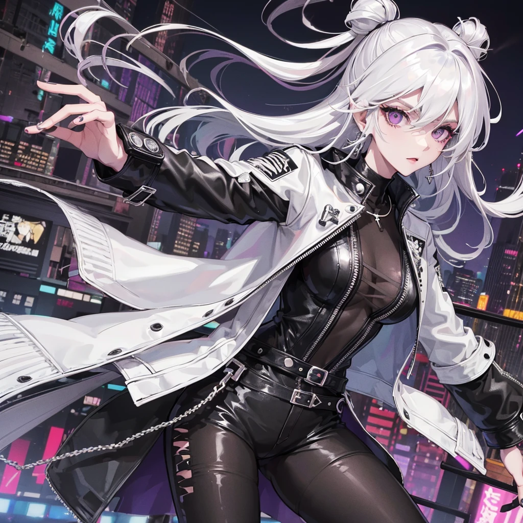 one girl , white haired with long ash hairstyle, cross earrings , cross necklace , Wearing a black leather biker jacket, black leather pants, , , city scenery , cool , Punk , Night Light , High quality, korean face, purple eyes, punk ,street wear, yakuza, nice body, beautiful face,soft skin ,attractive, spy, proportional body