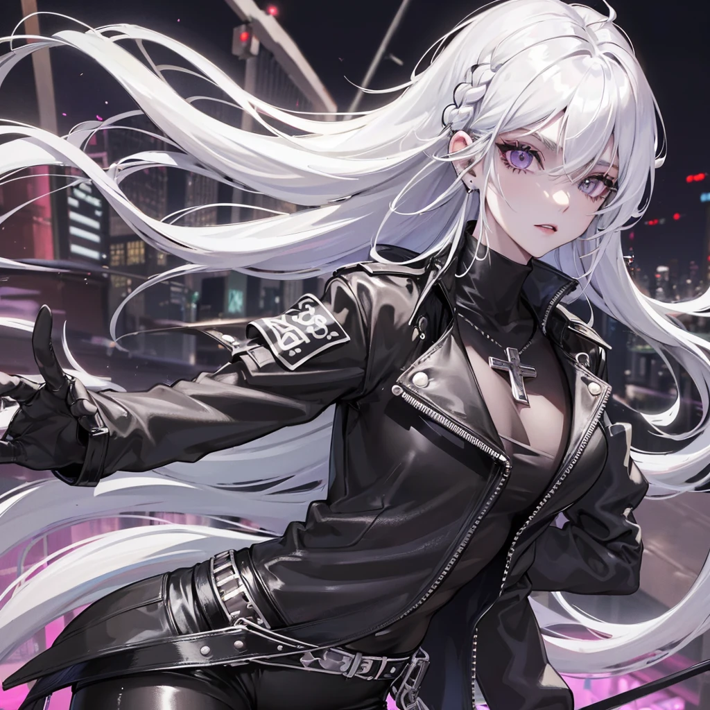 one girl , white haired with long ash hairstyle, cross earrings , cross necklace , Wearing a black leather biker jacket, black leather pants, , , city scenery , cool , Punk , Night Light , High quality, korean face, purple eyes, punk ,street wear, yakuza, nice body, beautiful face,soft skin ,attractive, spy, proportional body