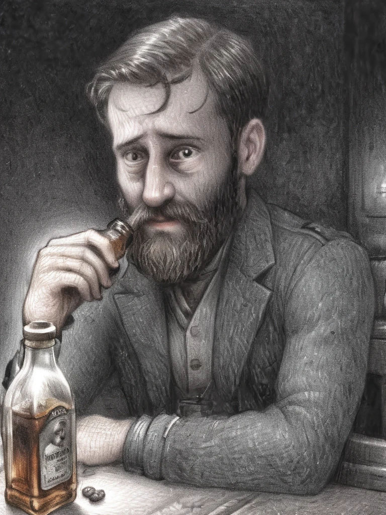 drawing,  by Brian Selznick, a portrait of a seaman with a rugged, thick beard, capturing a slightly befuddled expression, he is sitting at the table next to him there is a bottle of whiskey, focus is on his facial expressions and the subtle details like the texture of his beard and the glint in his eyes, cozy, slate gray atmosphere, soft cinematic light,   