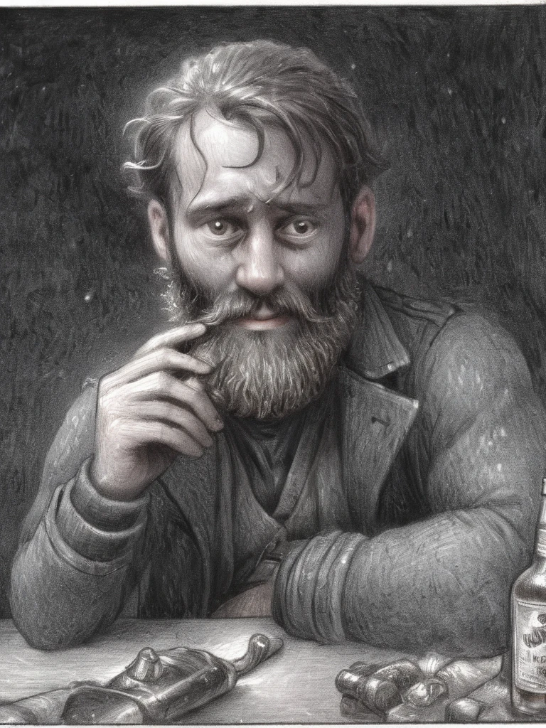 drawing,  by Brian Selznick, a portrait of a seaman with a rugged, thick beard, capturing a slightly befuddled expression, he is sitting at the table next to him there is a bottle of whiskey, focus is on his facial expressions and the subtle details like the texture of his beard and the glint in his eyes, cozy, slate gray atmosphere, soft cinematic light,   