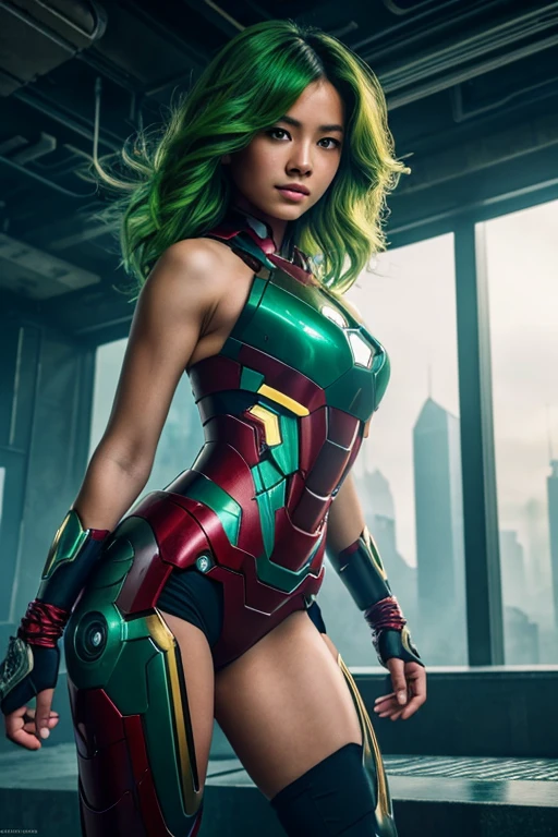 (1girl:1.3), solo,__body-parts__, official art, unity 8k wallpaper, ultra detailed, beautiful and aesthetic, beautiful, masterpiece, best quality, RAW, masterpiece, super fine photo,, best quality, super high Resolution, photorealistic, sunlight, full body portrait, stunningly beautiful,, dynamic pose, delicate face, vibrant eyes, asian, pinay, she is wearing a futuristic Iron Man mech, green and gold, Highly detailed abandoned laboratory background, detailed face, detailed complex busy background, messy, gorgeous, milky, high detailed skin, realistic skin details, visible pores, sharp focus, volumetric fog, 8k uhd, dslr camera, High quality, film grain, fair skin, photorealism, lomography, sprawling metropolis in a futuristic dystopia, view from below, translucent, Her green hair, luxurious, wavy, falls gracefully down her shoulders and flows gently around her face, framing it with a touch of glamour.