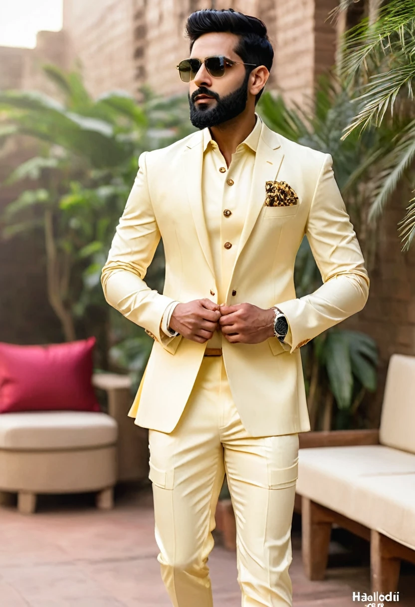 Ivory safari suit  for men .wedding for haldi function ,ultra realistic ,dancing mood 