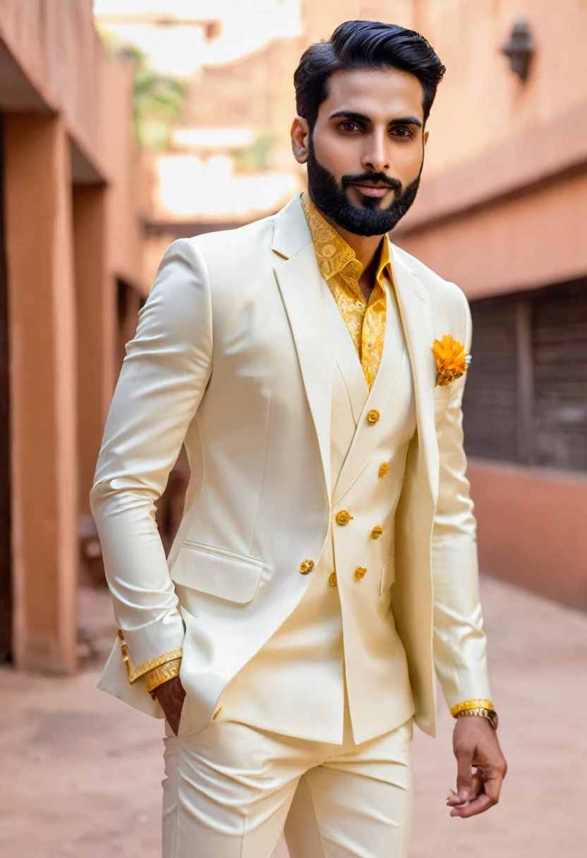 Ivory safari suit for men .wedding for haldi function ,ultra realistic ,dancing mood