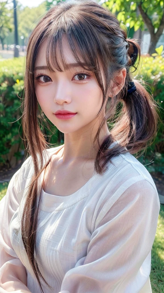 One piece with collar,outdoors,Urban Park,On the lawn,Ultra-detailed, finely detail, hight resolution, 8K Wallpaper, Perfect dynamic composition, Beautiful detailed eyes,Outdoor,Close-up of face,Outdoor,Blushing,Facing forward,,Long hair ponytail,((8k, Raw photo, Best Quality, Mastepiece:1.2), (Realism, Photorealistic:1.4), (Highly detailed 8K wallpapers), Depth of written boundary, Cinematic Lighting, Soft Light, Detailed Beauty Eye,Shiny and smooth light brown ponytail, Asymmetrical bangs, Shiny skin, Ultra-detailed skins ,It is high resolution., High detail, Detailed hairstyle, Detailed facial beauty, Hyper-realistic, Perfect limbs, Perfect Anatomy ,1 Japanese girl,Famous Japanese Idols, Perfect female body,A shy smile,Short eyelashes,Double-edged eyelids,Look straight here,Hair style: ponytail,