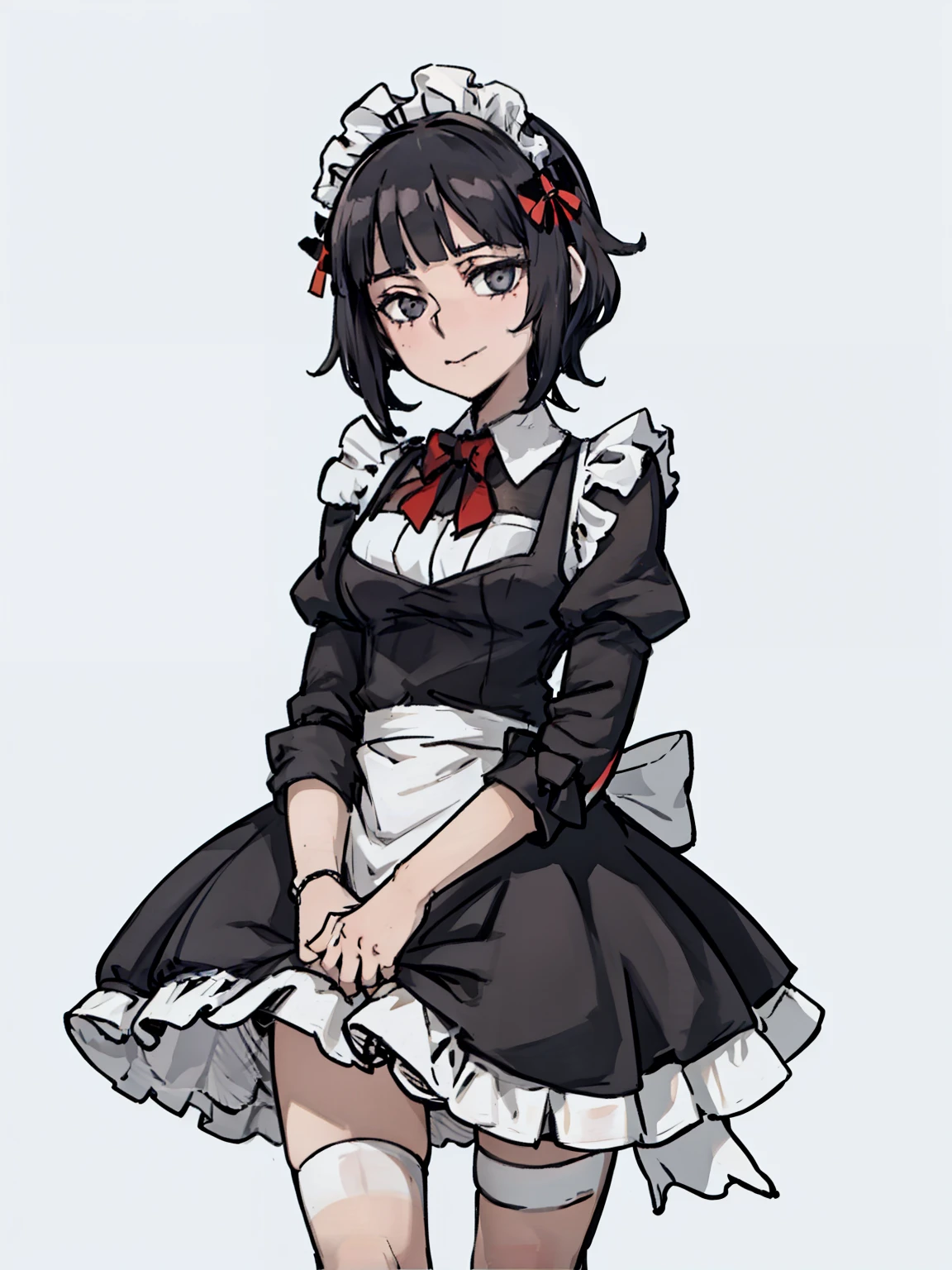 A maid，front,((Half Body),(Black short hair,Traditional maid attire))，Bow your head，Put your hands in depth，grace，Maid long skirt，dignified，beauty，kindly，Solid color background，White background