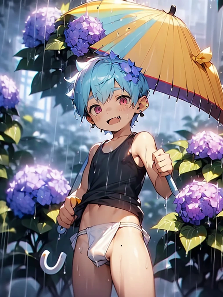 ((solo)), (boldline:-1.6), (holding yellow umbrella:1.8), (arched back:1.3), ((bubble)), (standing:1.5), (((fang))), (((best finger))), BREAK (best quality:1.5), (absolutely resolution:1.5), (ultra detailed:1.5), (masterpiece:1.5), (perfect face), (detailed face), (detailed eyes:1.5), (best eyes:1.5), (cute face), (shota:2), BREAK (black tank top:1.5), BREAK (white loincloth:1.5), (see throgh wet clothes:1.3), (bulge:1.6), (skinny:1.3), BREAK (light blue hair:1.5), (spiked hair), BREAK (wine red eyes:1.4), (eyes with highlight:1.6), ((mole under eye)), (sweaty skin), (chuckling:1.5), (open mouth:1.3), ((earrings)), (shiny skin:1.3), BREAK (purple hydrangea:1.5), (road:1.3), (rainbow:1.5), (sunlight), (heavy rain:1.8), ((wind blowing)), (((nipple))), (abs), groin, water splashing, from below,