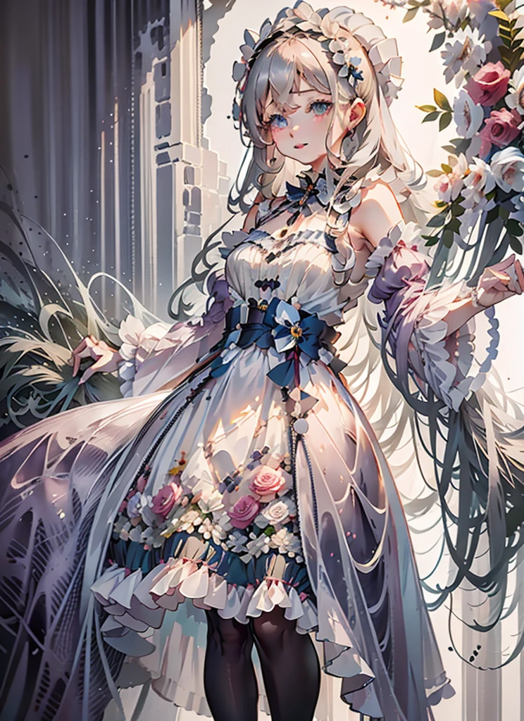 (Extremely delicate and beautiful:1.5),A Russian girl in her early 20s with ash grey hair, standing on your feet, solo, full body,Sweet face,Light smile,By bangs, Gemstone eyes, Contre-Jour,Long curly hair, Black-othic-lolita dress, Keep one's mouth shut, seen from the side, lanterns, light particules, longer sleeves, looking at viewert,pink bows, The background is filled with seven colors, The face is dense((must)), Masterpiece