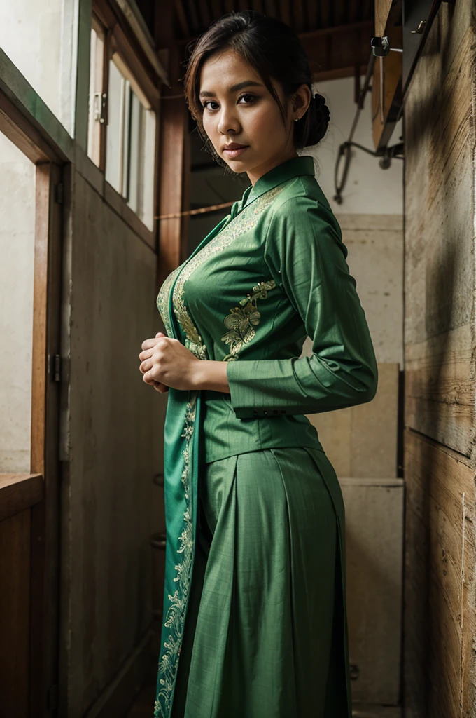 A hyper realistic carricature ,photorealism,of a indonesian old woman 50 yo.with medium wave hairs,sexy pose,standing.wearing sexy green casual dress ,light smile,