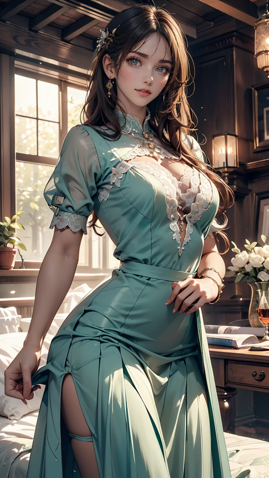 ((high quality work)), The writing is clear and concise, The green dress and the beautiful pleated lace complement each other., Enrich the overall picture, The elegant Edwardian lace dress and princess skirt add a lot of charm to the character., Gesture of turning the back of the hand , It also expresses the gentle and elegant side of women..Sexy proportions、Sexy