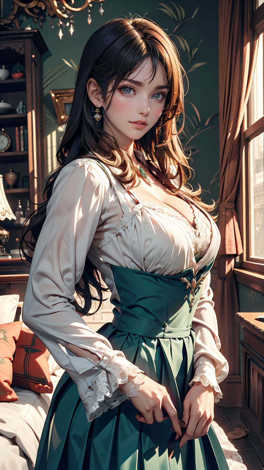 ((high quality work)), The writing is clear and concise, The green dress and the beautiful pleated lace complement each other., Enrich the overall picture, The elegant Edwardian lace dress and princess skirt add a lot of charm to the character., Gesture of turning the back of the hand , It also expresses the gentle and elegant side of women..Sexy proportions、Sexy