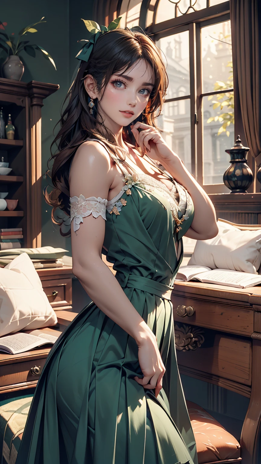 ((high quality work)), The writing is clear and concise, The green dress and the beautiful pleated lace complement each other., Enrich the overall picture, The elegant Edwardian lace dress and princess skirt add a lot of charm to the character., Gesture of turning the back of the hand , It also expresses the gentle and elegant side of women..Sexy proportions、Sexy